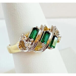 Vintage 14KT GE Emerald-Green Baguette & Clear Stone Cluster Ring Size 7 NOS